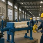 کارگر صنعتی در حال راهاندازی دستگاه فیلترپرس پارس فیلترسپاهان در خط تولید کارخانه